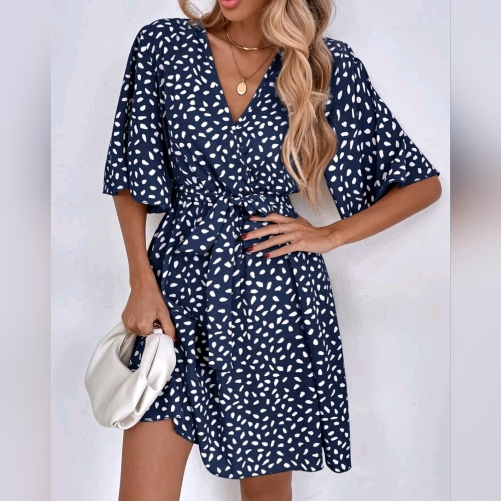 New Boho Short Flutter Sleeve Wrap Front Dress Belted Navy Blue White - Picture 3 of 8
